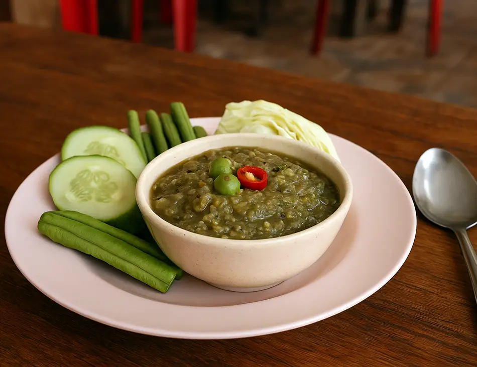 Bok Trop, Cambodian smoked eggplant dip with herbs and minced pork, a flavorful local specialty