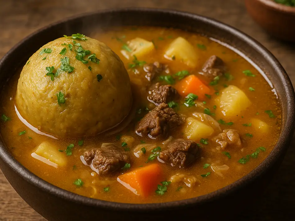 Beef-filled plantain dumpling in clear broth with corn and yuca