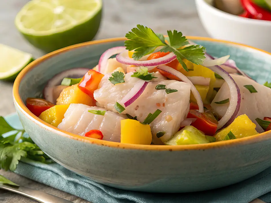 Ceviche of white fish with lime, onion and aji, best food in Peru, plated with sweet potato.
