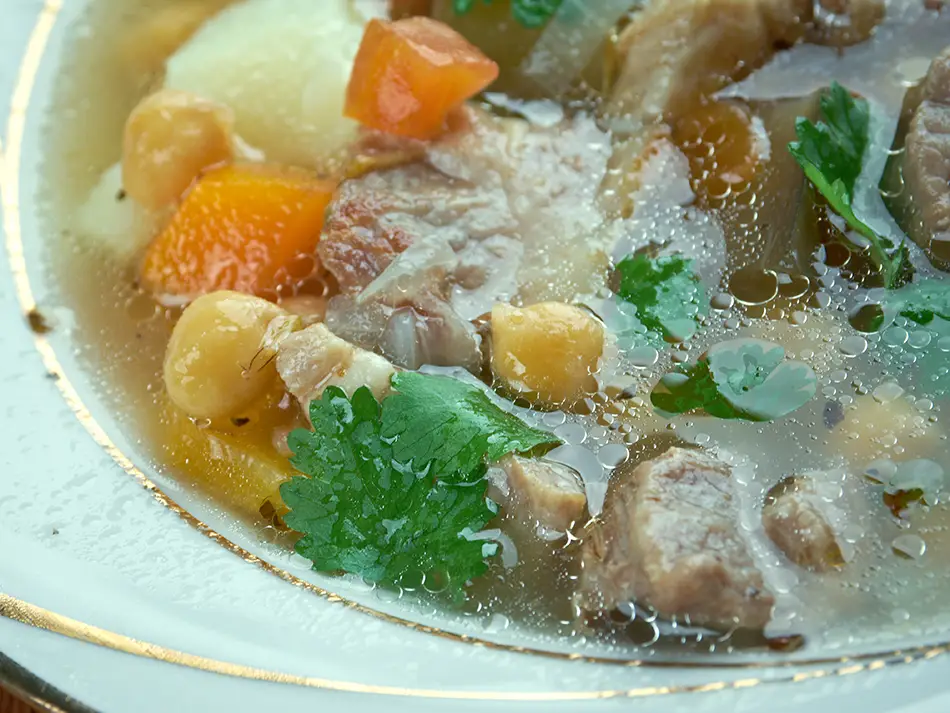 Chairo soup from Puno, traditional Peru dishes in one bowl, blends chuño, grains and lamb.