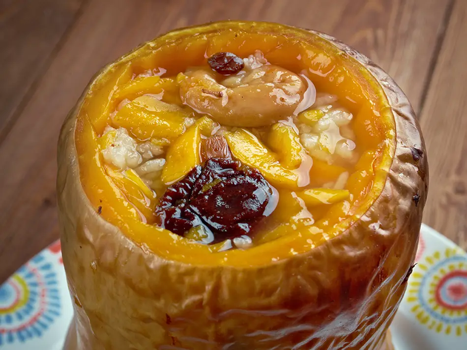 Armenian ghampa dessert of baked pumpkin stuffed with dried fruits and nuts, a festive sweet dish