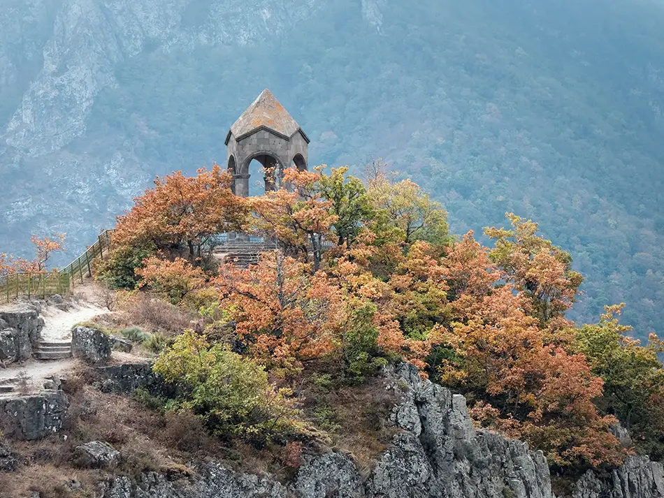 Observation deck counted among the top attractions in Halidzor, with autumn trees and Vorotan Gorge cliffs.