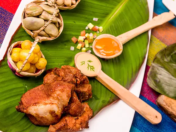 Best food in Ecuador: overhead flat lay on banana leaf.