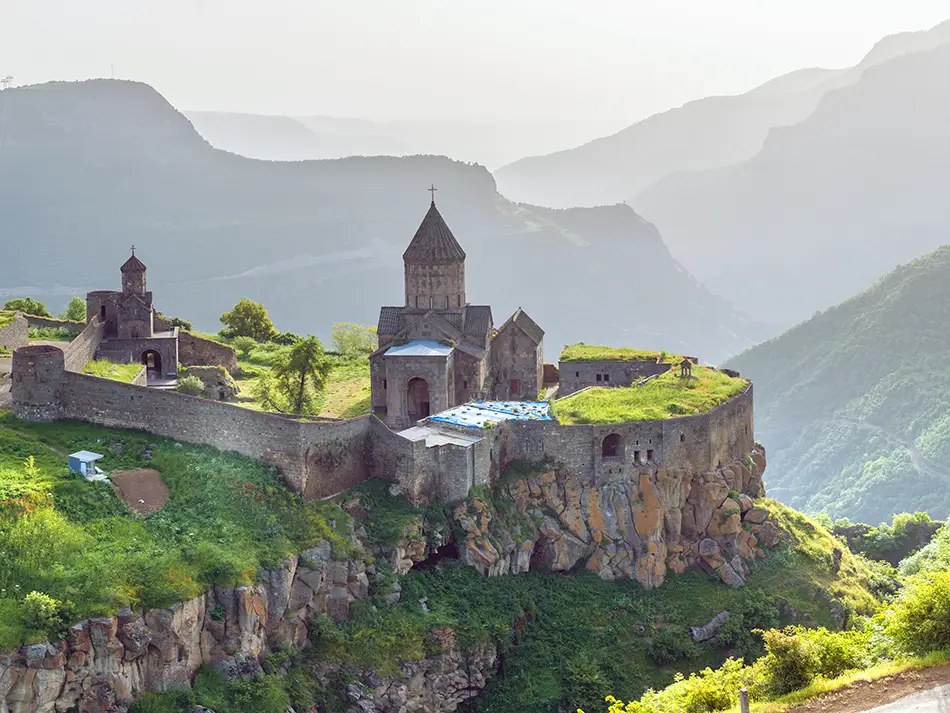 Tatev Monastery, one of the best things to do in Halidzor, standing above the Vorotan Gorge.