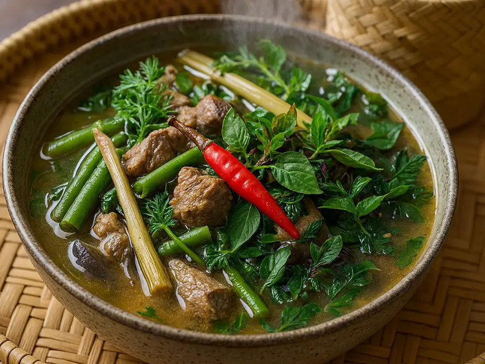 Forest stew or lam with sakahn pepper vine, beef and vegetables, best food in Laos in Luang Prabang.