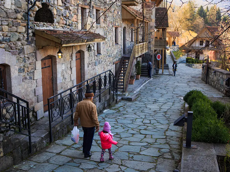 Sharambeyan Street in Old Dilijan, Armenia, cobbled lane of stone houses, one of the top attractions in Dilijan.