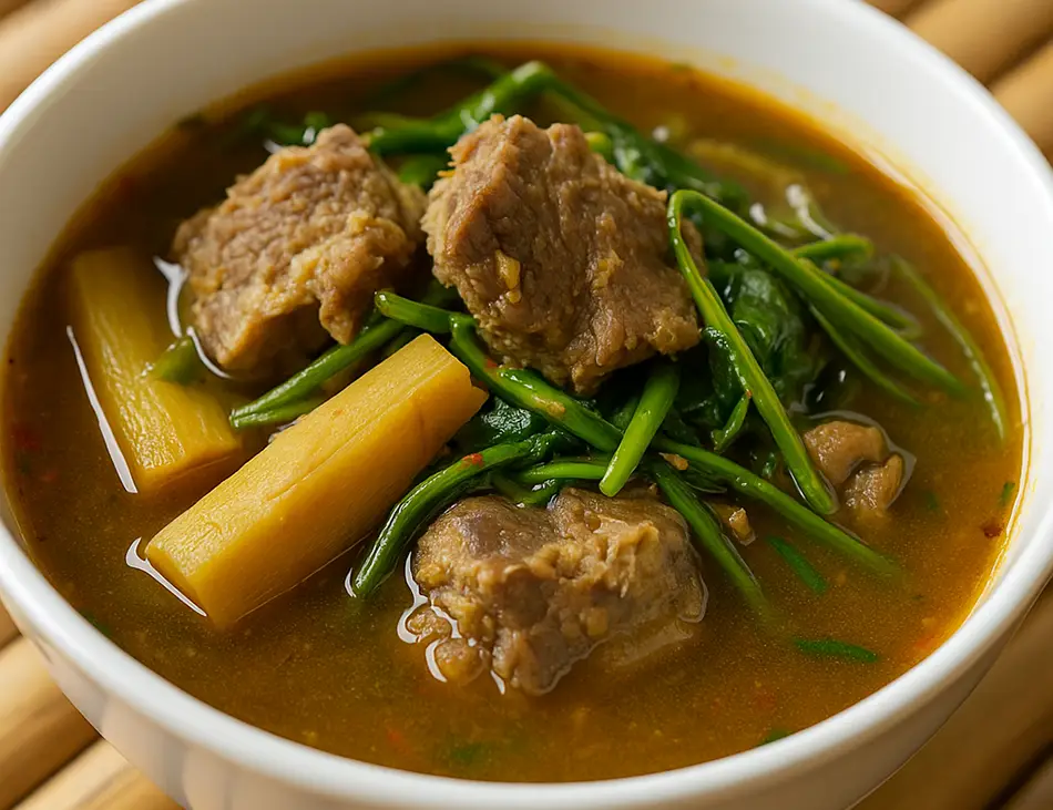 Samlor Machu Kreung, classic Cambodian sour soup with lemongrass and vegetables, from Cambodian cuisine