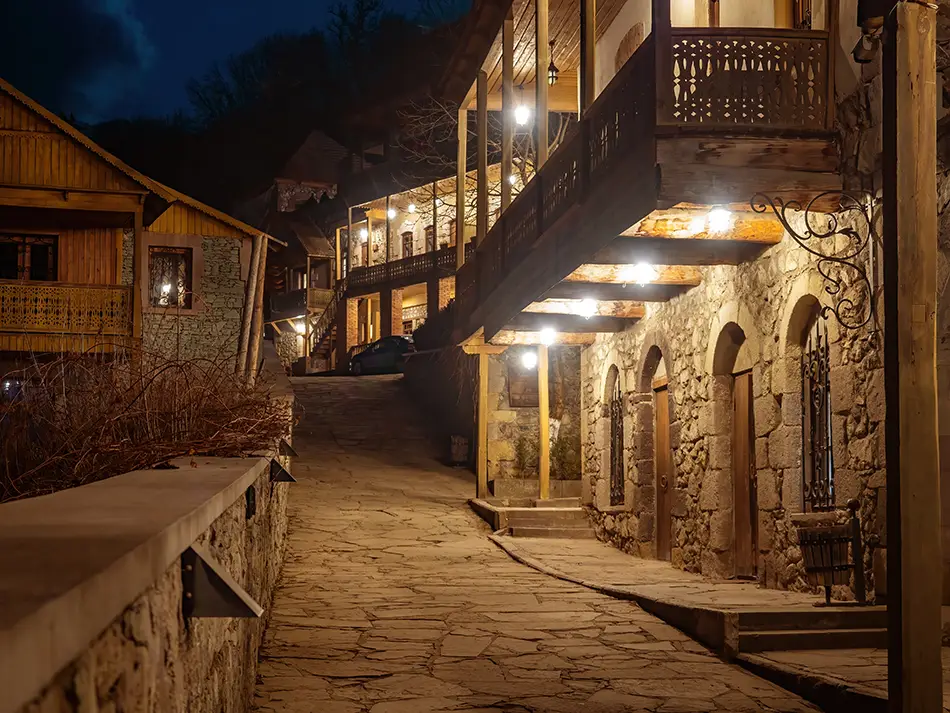 Evening lights on Sharambeyan Street, showcasing the best things to do in Dilijan after dark.