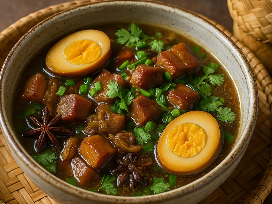 Tom khem pork belly braised with eggs in palm sugar and soy — best food in Laos.