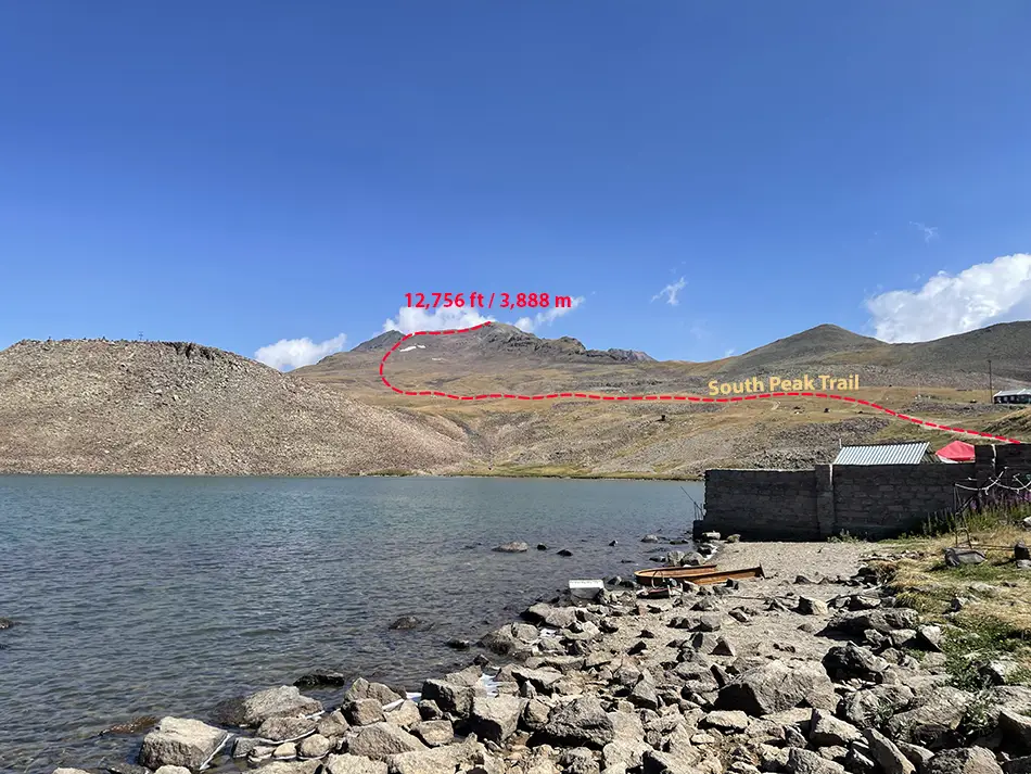 View from Kari Lake trailhead toward Mount Aragats crater rim
