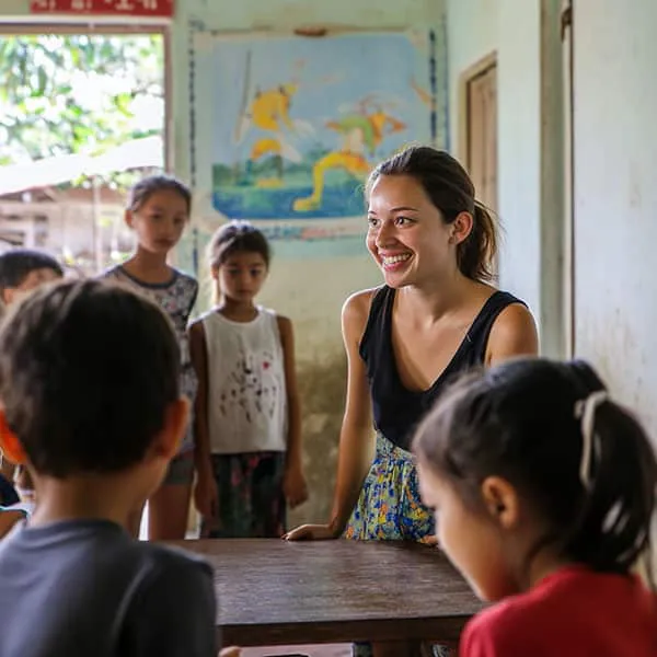 A European traveler volunteering at a school in Asia