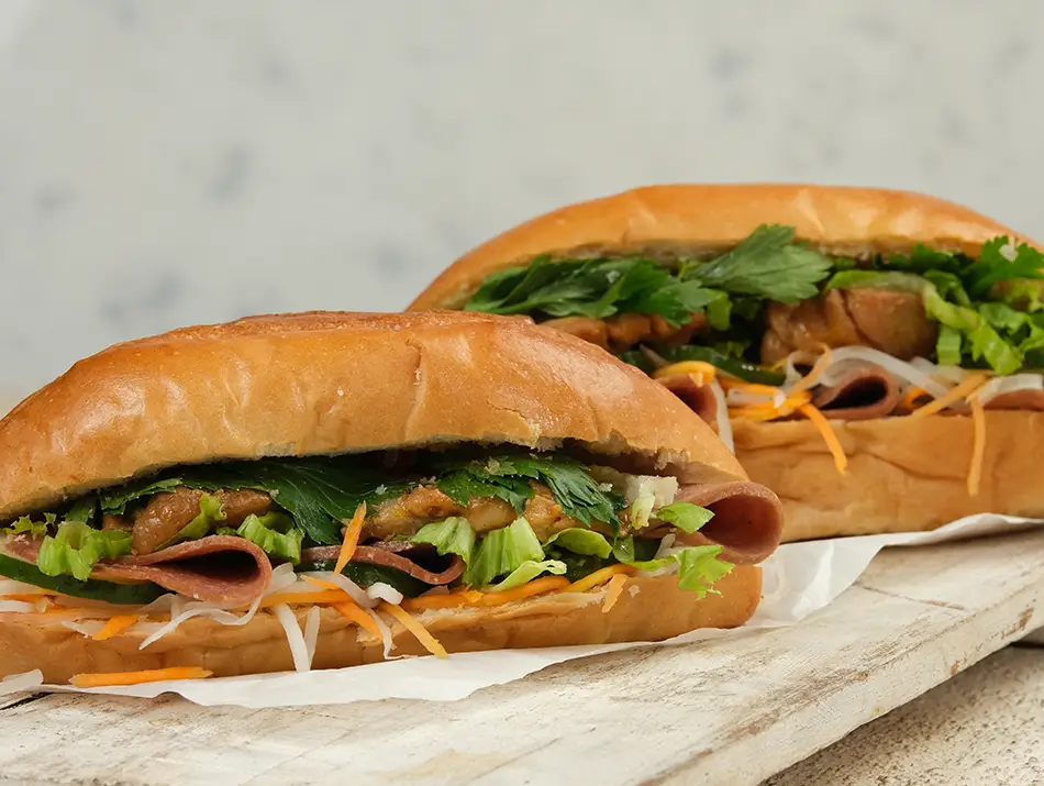 Crispy baguette filled with pork, pickled vegetables and herbs — one of the iconic foods of Vietnam.