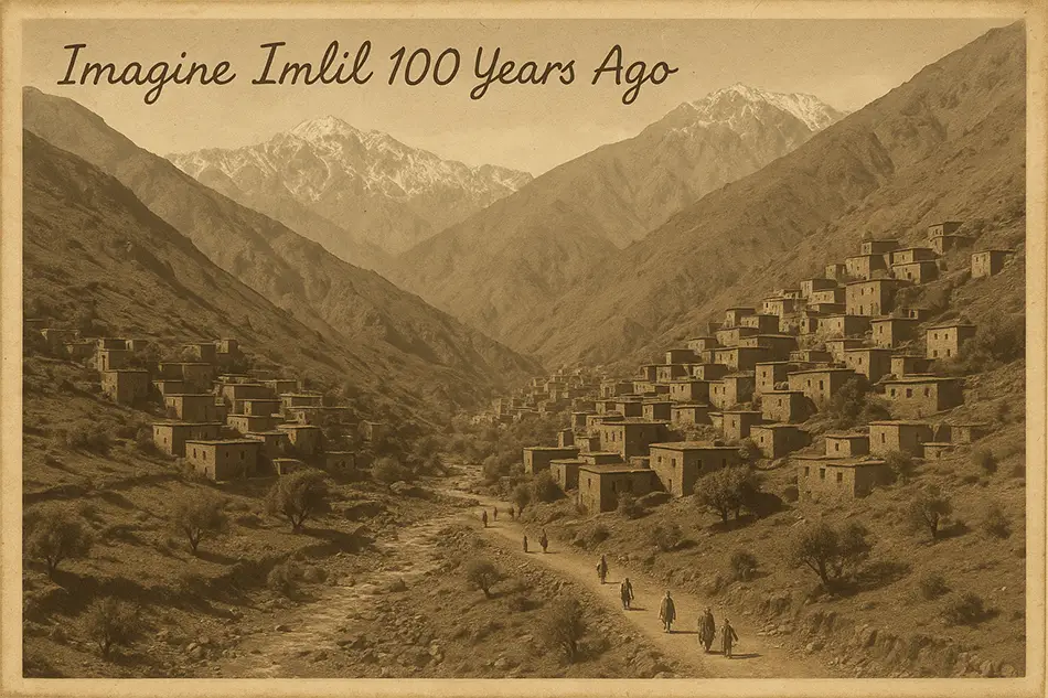 Imlil in Morocco a century ago, with terraced fields and peaks.