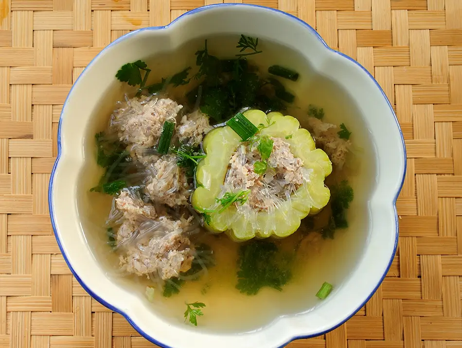 Stuffed bitter melon with minced pork simmered in a clear broth.