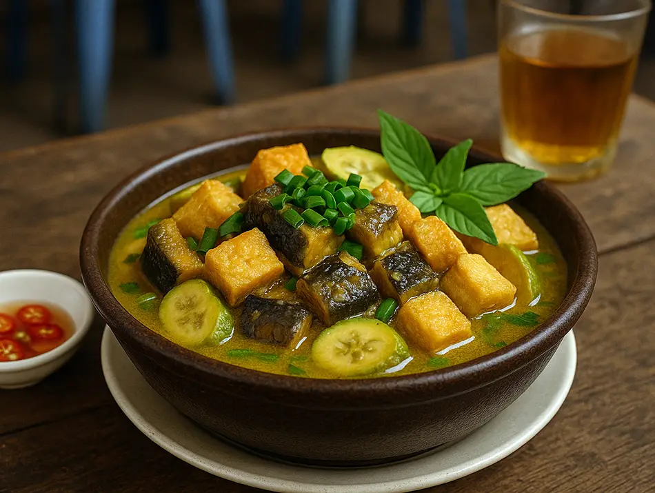 Eel stewed with green bananas, tofu and herbs — local food in Vietnam from the north.