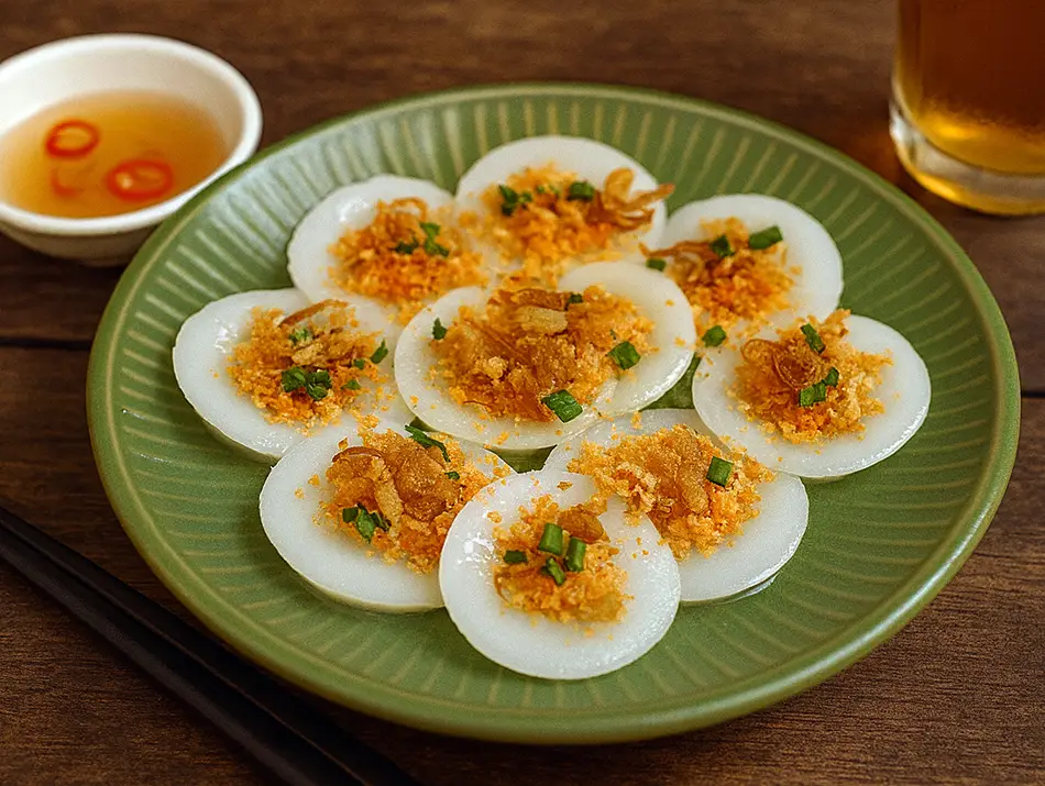 Small steamed rice cakes topped with dried shrimp and scallion oil