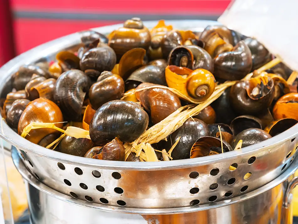 Boiled snails served with lemongrass and chili sauce, iconic foods of Vietnam.