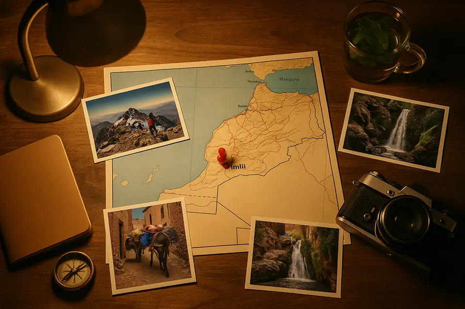 Warm desk flat lay with Morocco map.