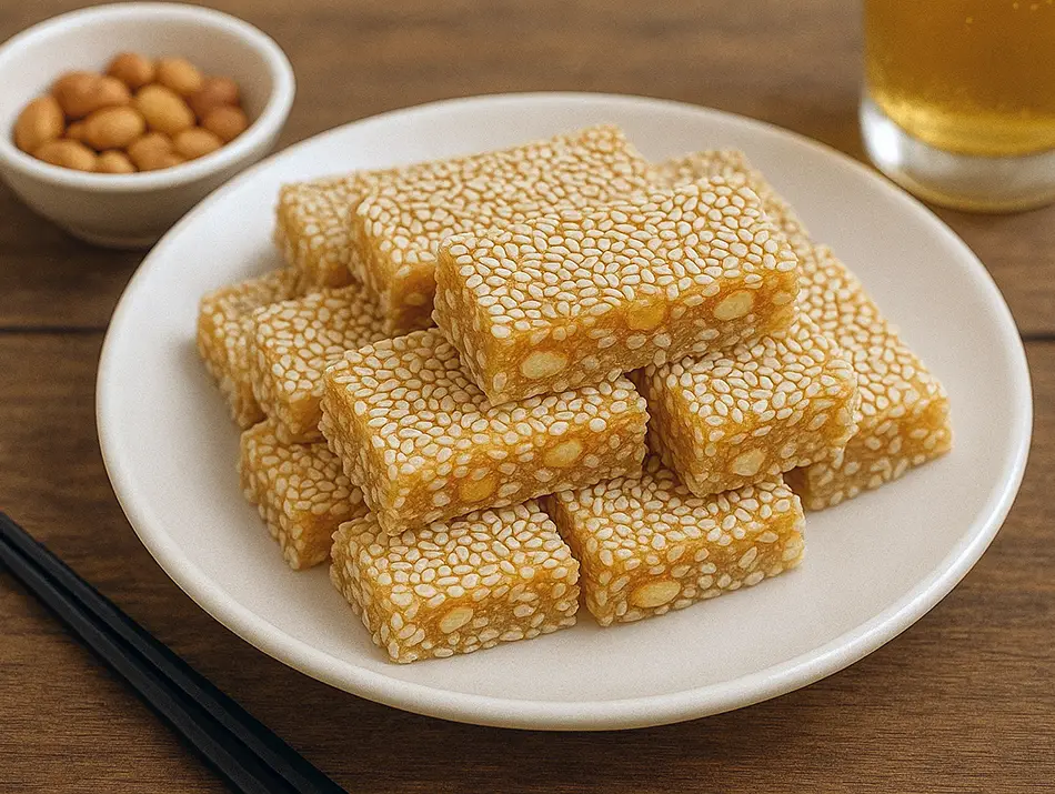 Sticky sesame and peanut brittle squares from Huế, typical Vietnamese sweets enjoyed with tea.