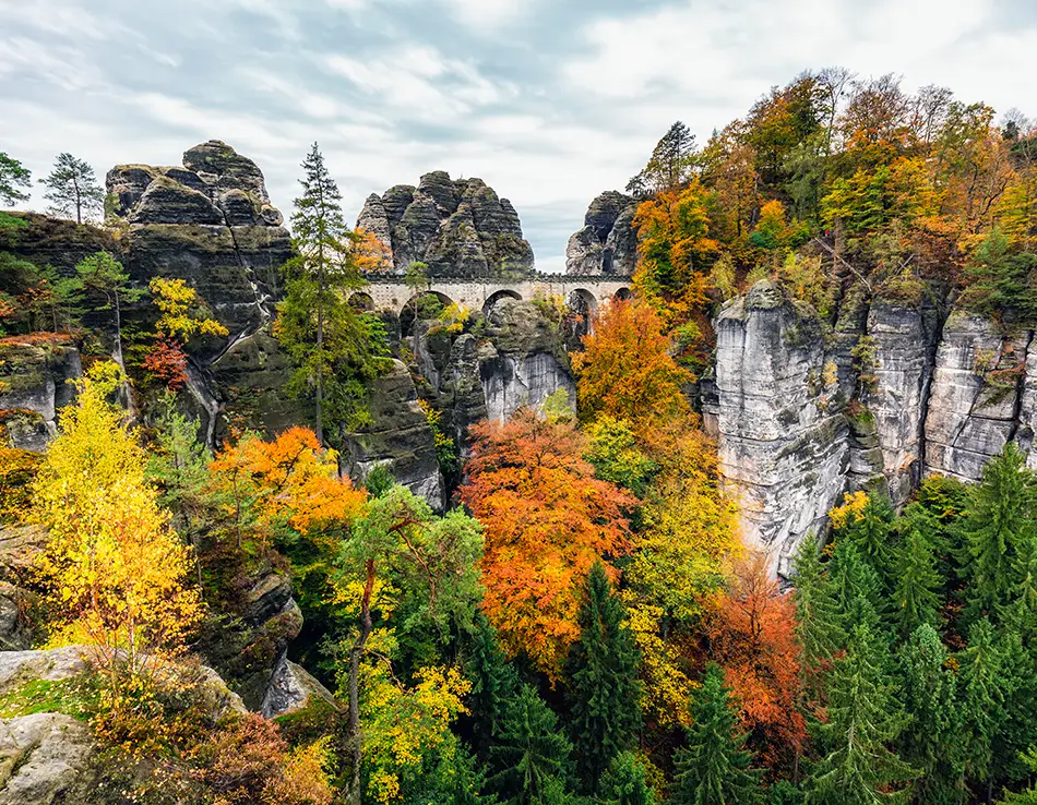 Sandstone towers rise above the Elbe valley, draped in peak fall foliage.