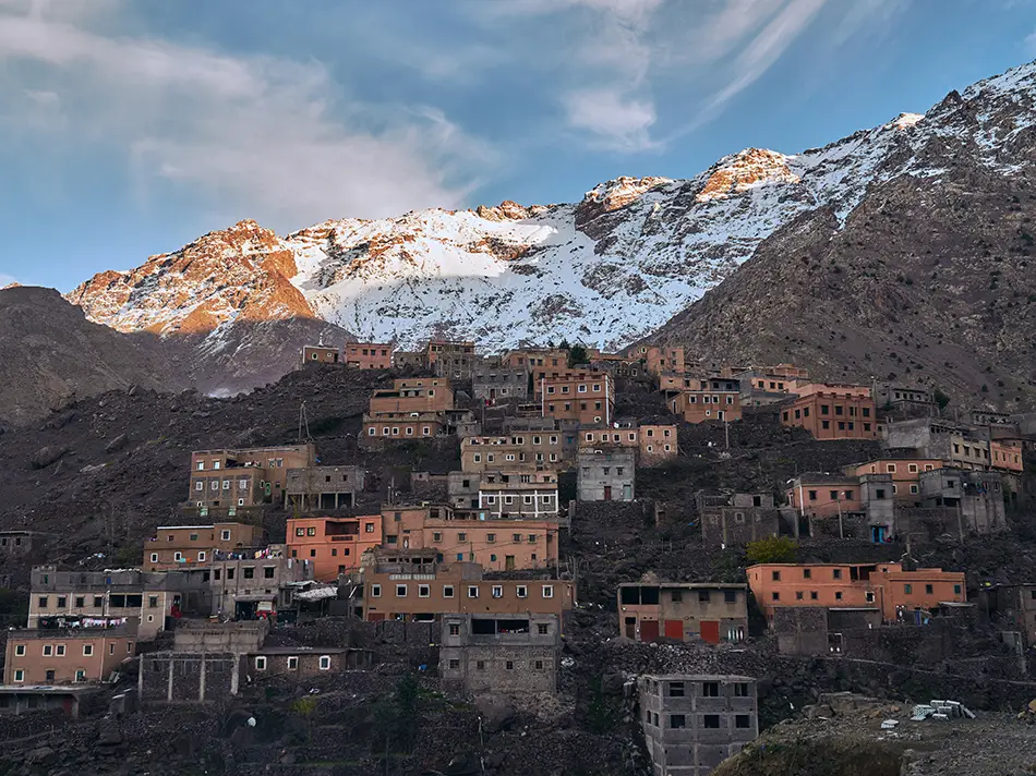 Sunset over Imlil village and snowy High Atlas