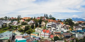 Panoramic aerial view showing hillside homes, pine trees, and distant mountains highlighting the best