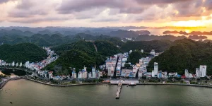 Aerial view of town and bay, highlighting the best things to do in Cat Ba Island