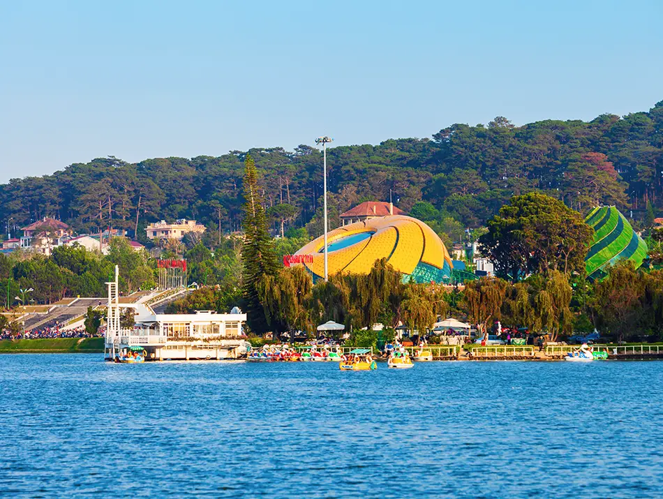 Colorful swan pedal boats on Xuan Huong Lake, a peaceful spot among the best things to do in Dalat.