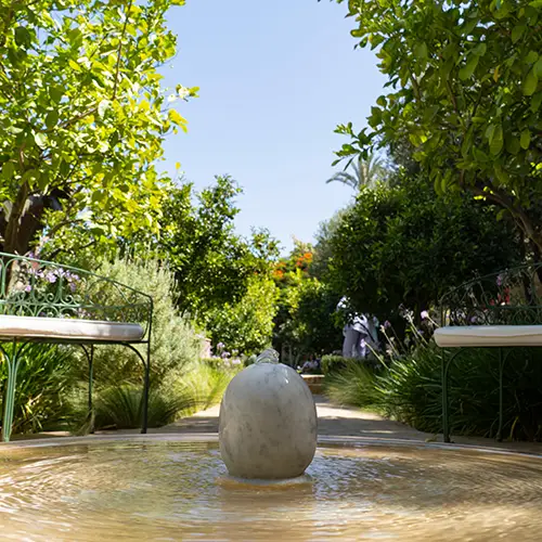 Marble fountain surrounded by greenery in the Secret Garden of Marrakesh