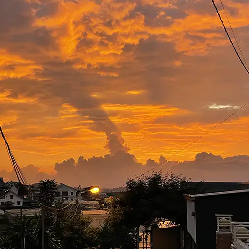 Golden sunset over residential hills, with rooftops and power lines silhouetted against glowing clouds.