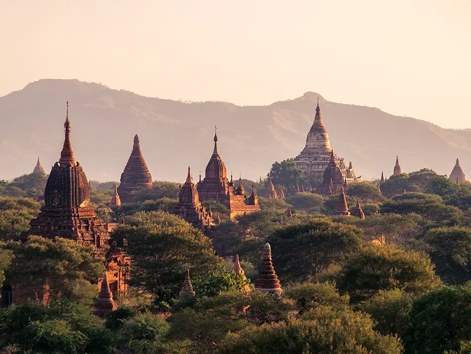 Dozens of ancient brick temples scattered across a hazy plain in one of the best countries to visit.