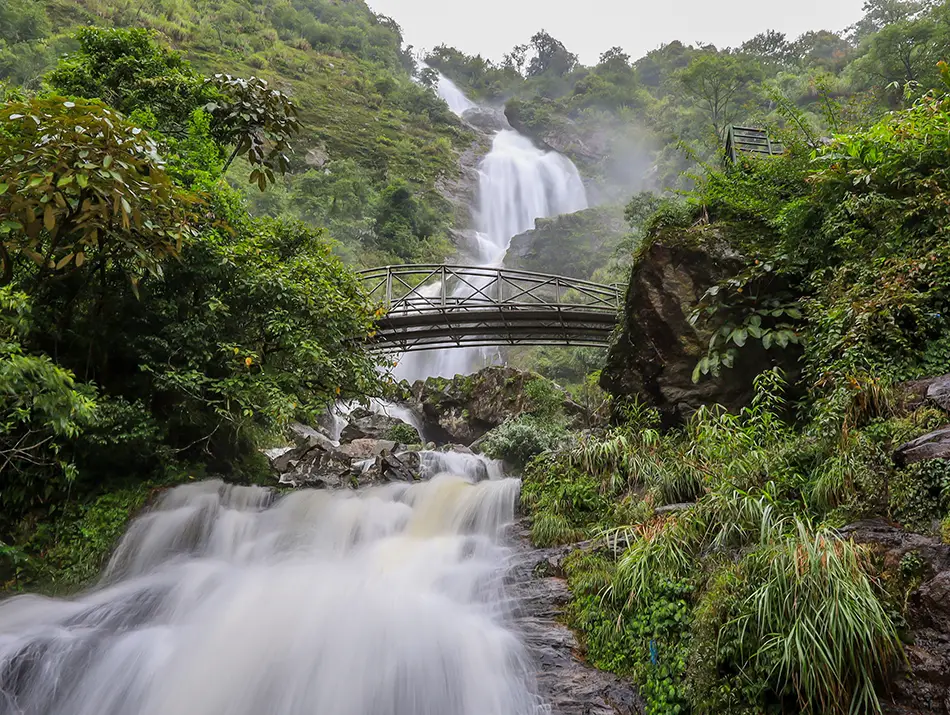 Silver Waterfall cascades down steep rocks with a viewing bridge nestled between lush green slopes.