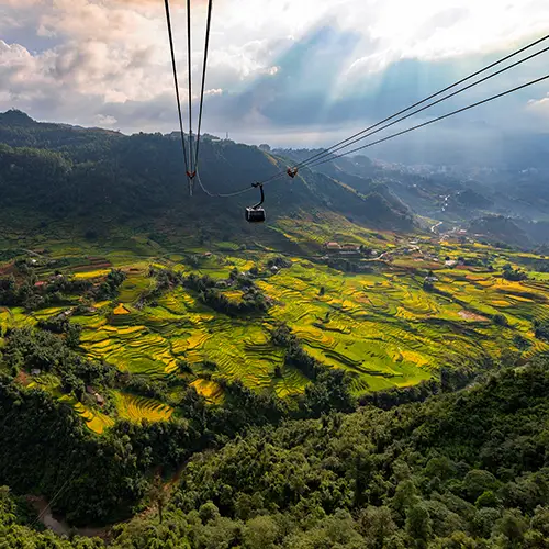 A cable car glides above bright terraced fields