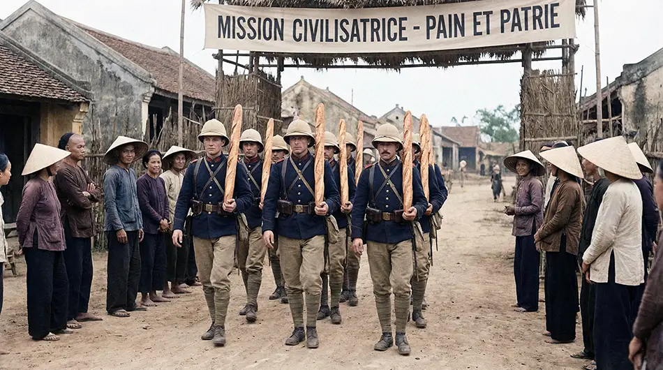 French troops marching with baguettes in Vietnam illustrating effects of colonisation on cuisine.