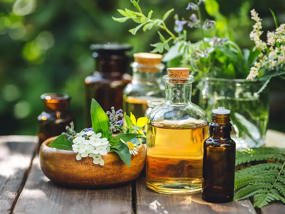 Bottles of oils and fresh herbs used in the traditional Red Dao herbal bath sit arranged on a wooden table.