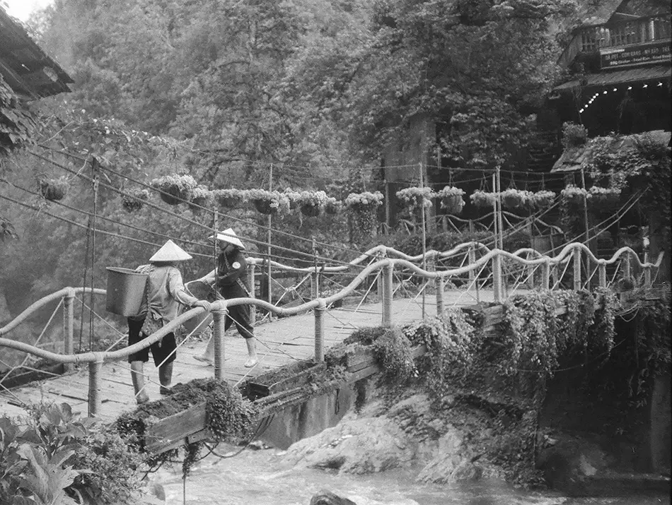 Villagers in conical hats walk along a narrow wooden walkway cutting through dense forest.