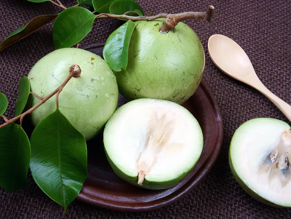 Star apples displayed on a plate with one fruit cut open to show its soft interior, a seasonal highlight among Vietnam fruits.