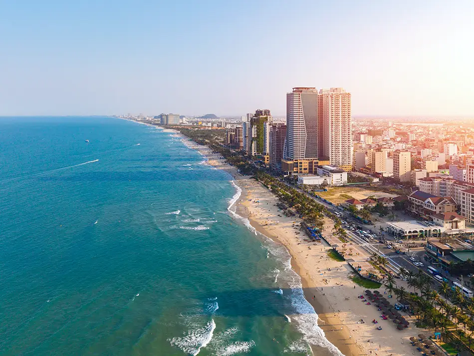 Aerial coastline and skyline of Da Nang