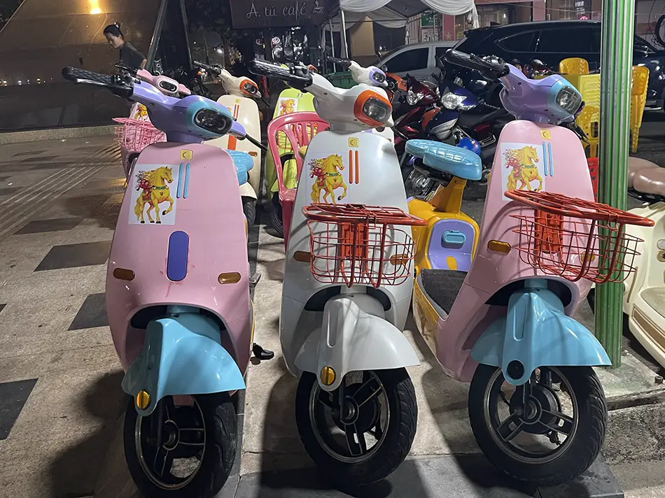 Row of colorful electric bikes parked along a busy street ready for rent.