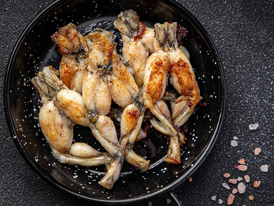 Crispy fried frog meat served whole, known as extreme food amongst travelers in Vietnam.