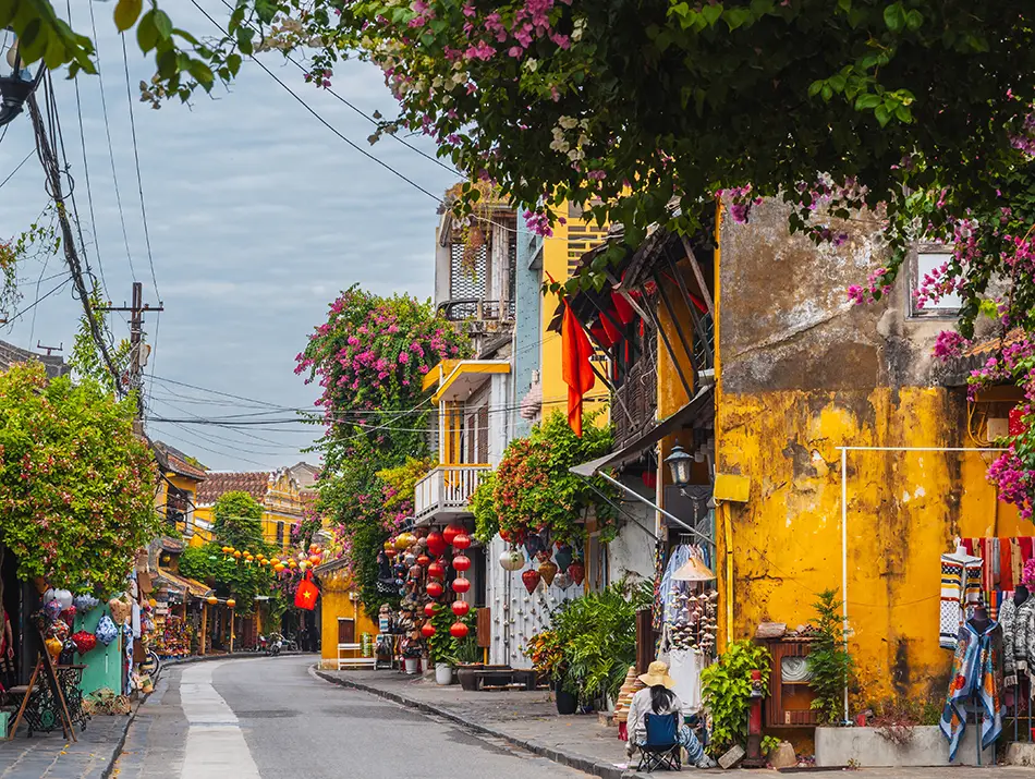 A quiet Hoi An street lined with yellow buildings and flowering trees in the early morning.