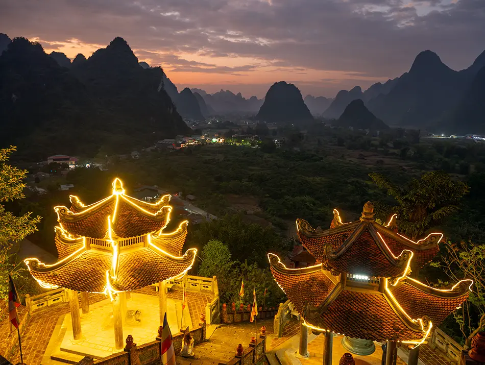Dawn view from the pagoda over limestone karsts – one of the best things to see in Ban Gioc.