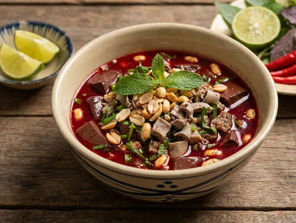 A bowl of raw blood pudding with herbs, a Weird food in Vietnam.