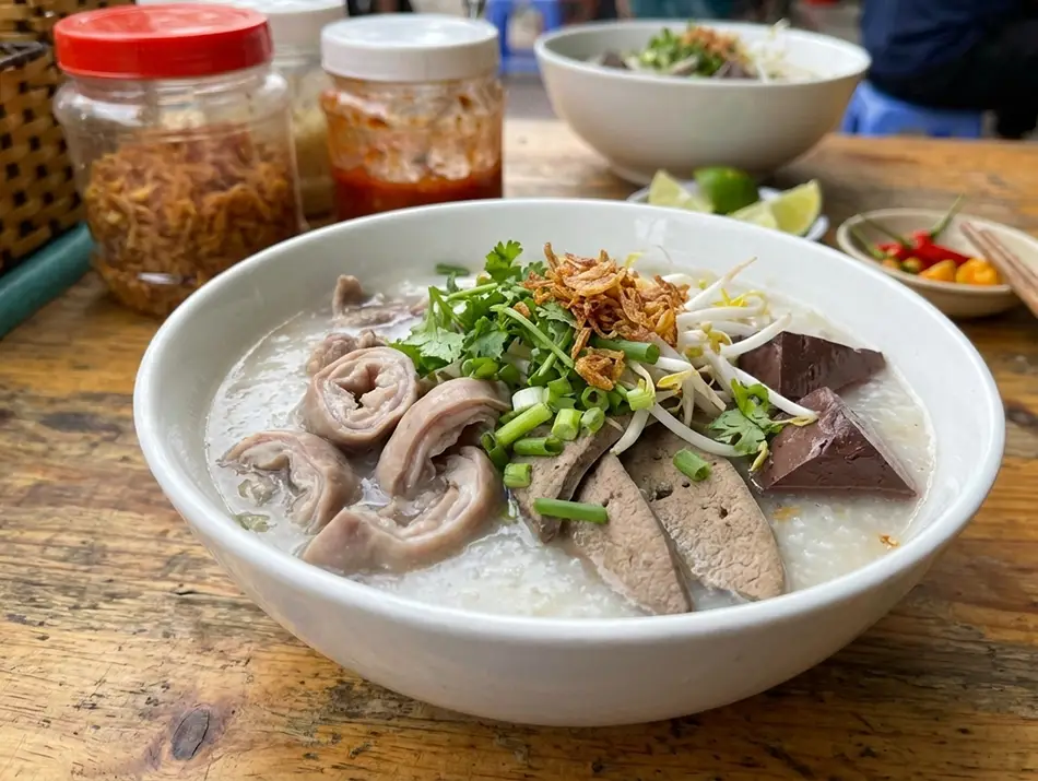 Hot offal porridge topped with herbs, considered an unusual dish in Vietnam.
