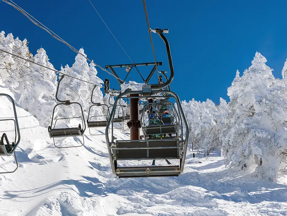 Chairlift cabins glide past snow-laden trees on a crisp bluebird morning.