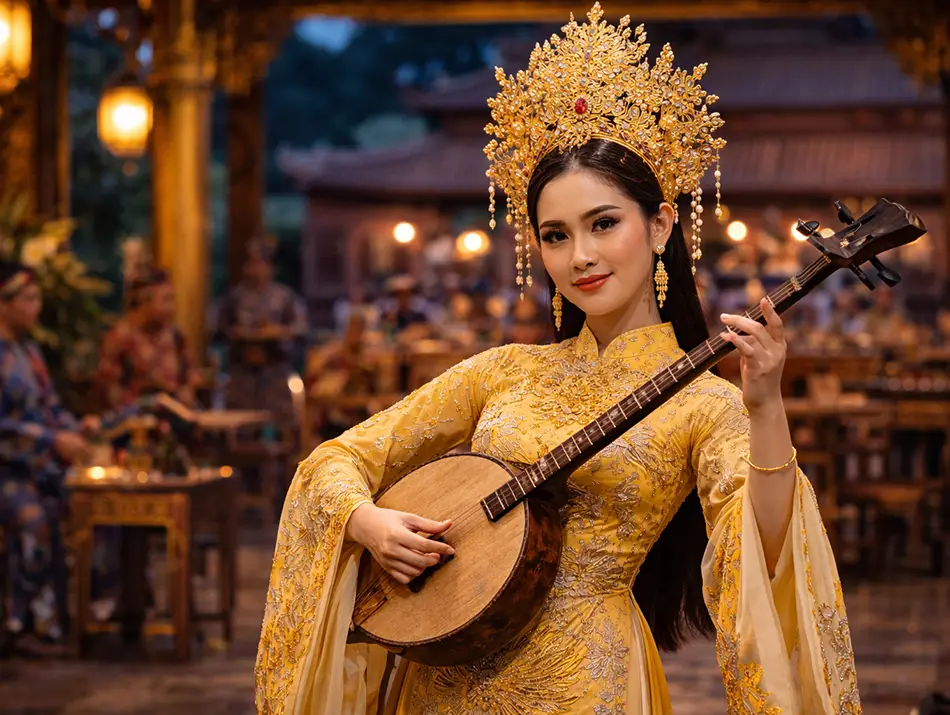Close-up of a court musician in ceremonial costume playing traditional strings, one of the must-see in Hue.