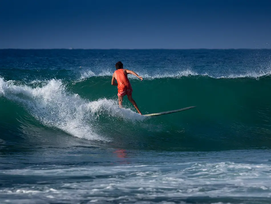 Surfer rides a reef break at Midigama, Sri Lanka, with winter swell.