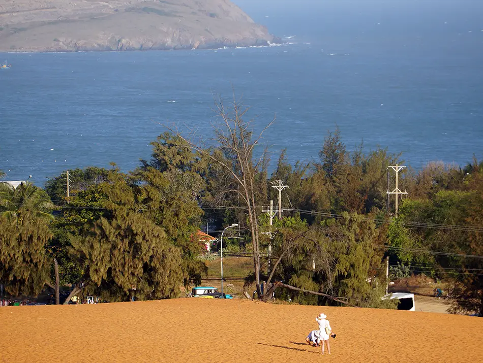 Red sand dunes overlooking coastal trees and sea, one of the best things to see in Mui Ne.