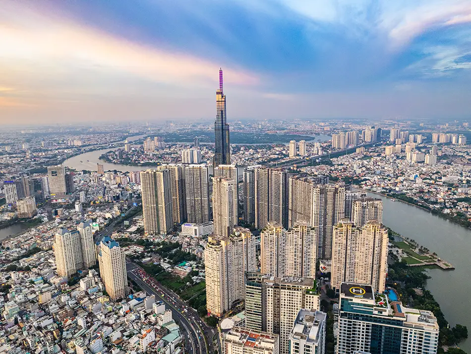 Aerial view of Landmark 81 and dense riverside towers