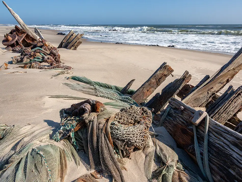 Weathered shipwreck timbers on Namibia’s Skeleton Coast beach beside.